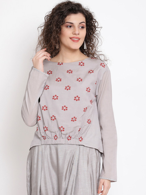ROOTED Women Grey Printed Blouson Top