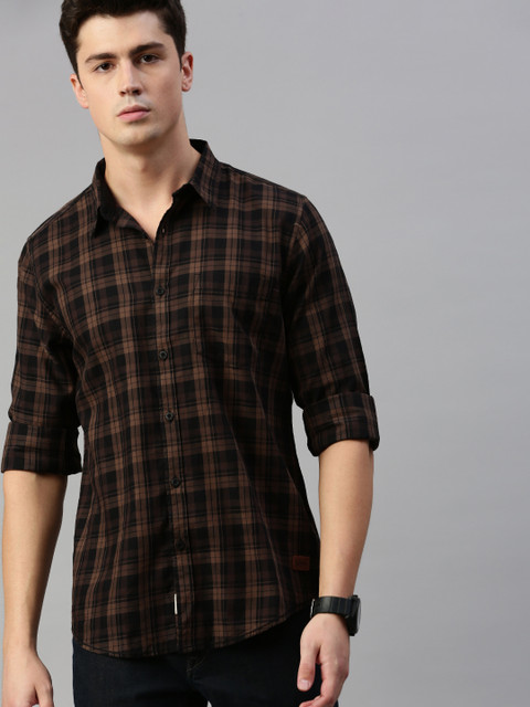 Roadster Men Black & Brown Checked Casual Shirt