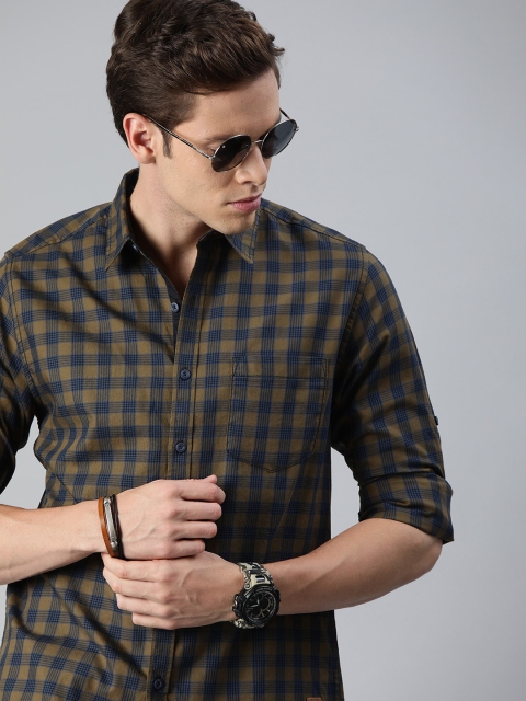 Roadster Men Teal Blue & Olive Brown Regular Fit Checked Casual Shirt