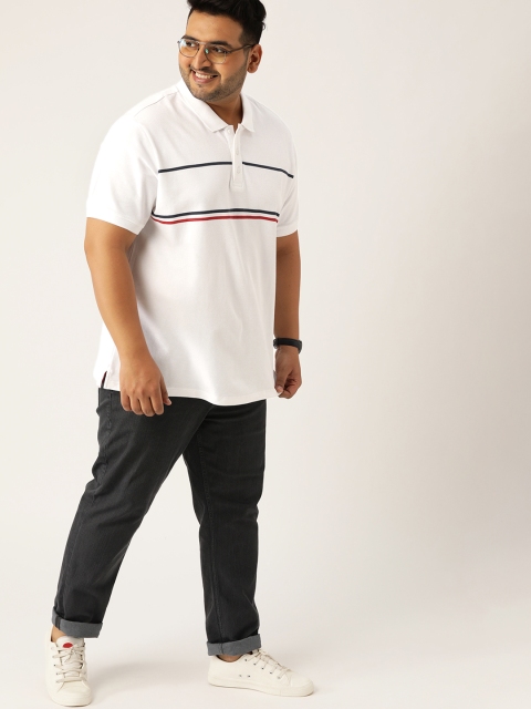 Sztori Plus Size Men White Red Striped Detail Polo Collar Pure Cotton T-shirt - Image 5