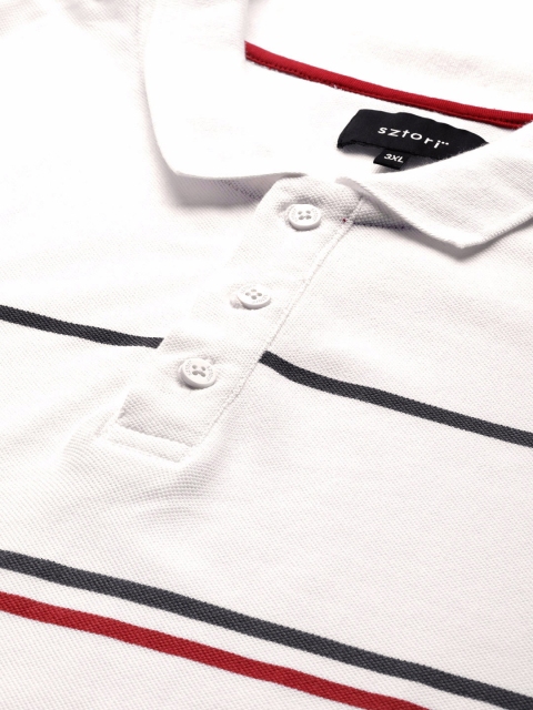 Sztori Plus Size Men White Red Striped Detail Polo Collar Pure Cotton T-shirt - Image 2