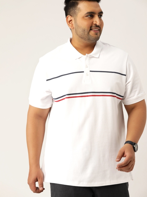 Sztori Plus Size Men White Red Striped Detail Polo Collar Pure Cotton T-shirt - Image 3