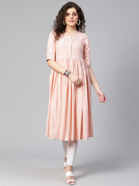 Meeranshi Women Pink & Golden Striped Anarkali Kurta