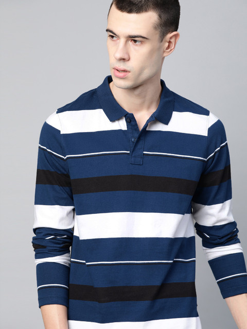 Roadster Men Blue & White Striped Polo Collar T-shirt