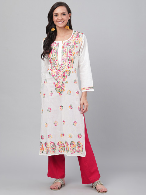 ADA Women White & Pink Chikankari Embroidered Straight Handloom Kurta