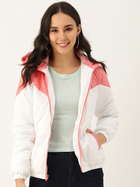 DressBerry Women White & Pink Colourblocked Hooded Bomber Jacket