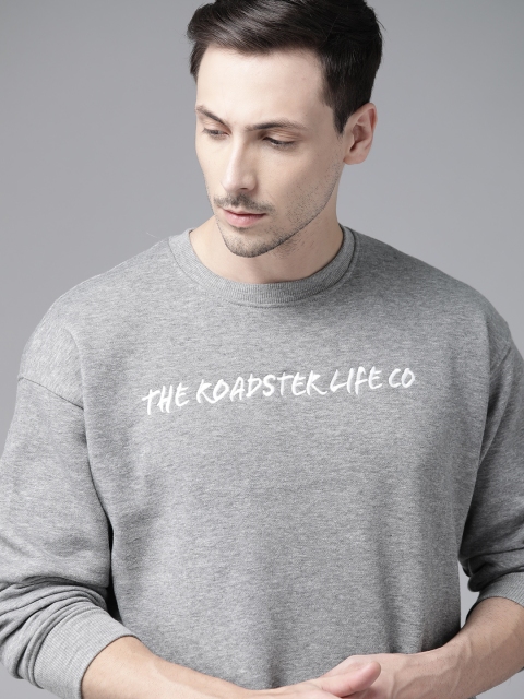Roadster Men Grey Melange Embroidered Detail Sweatshirt