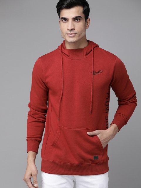 Roadster Men Red Placement Print Detail Hooded Sweatshirt