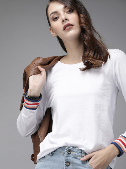 Roadster Women White Solid Round Neck Cotton T-shirt