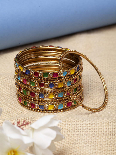 Shining Diva Set of 12 Gold-Plated Red & Blue Enamelled Bangles