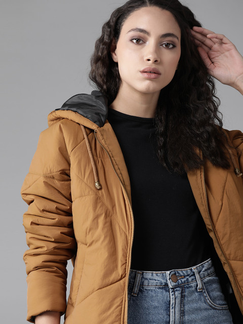 Roadster Women Brown Solid Hooded Padded Jacket