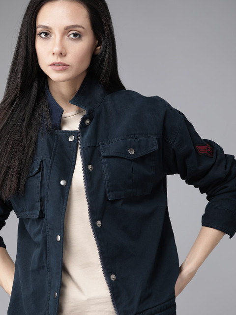 Roadster Women Navy Blue Antiviral Protective Finish Solid Tailored Jacket