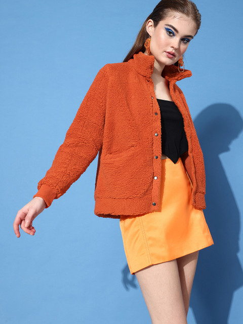 Roadster Women Rust Orange Solid Sherpa Tailored Jacket - Image 3
