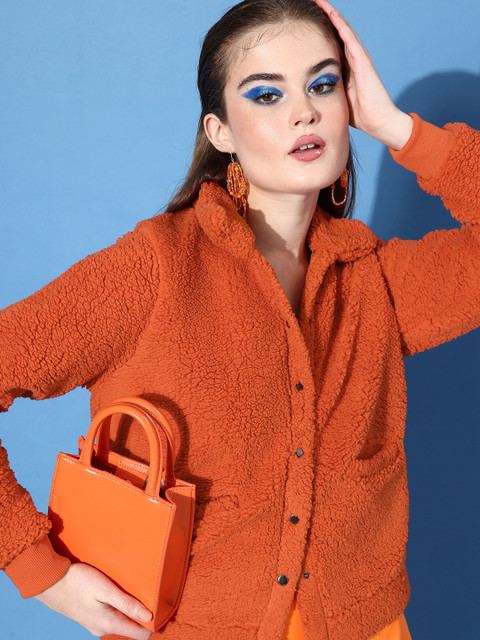 Roadster Women Rust Orange Solid Sherpa Tailored Jacket
