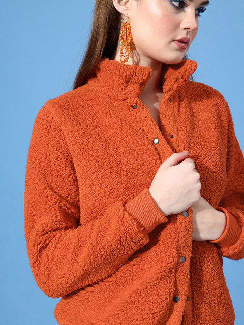 Roadster Women Rust Orange Solid Sherpa Tailored Jacket - Image 4