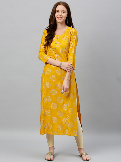 kipek Women Mustard Yellow & Gold-Toned Printed Straight Kurta with Mirror Work