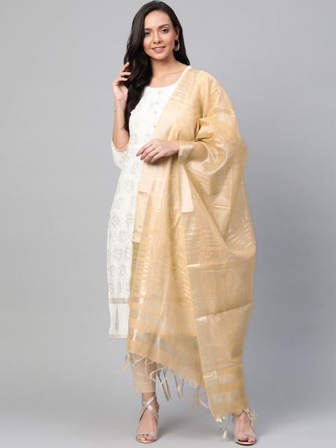 Indo Era Beige & Golden Striped Dupatta