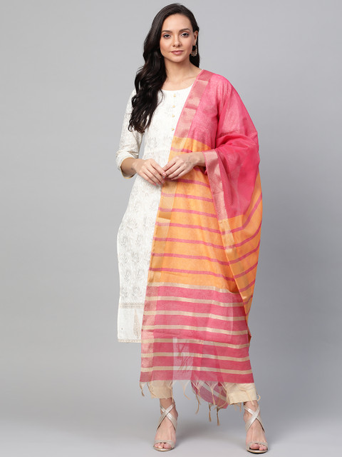 Indo Era Orange & Pink Striped Dupatta