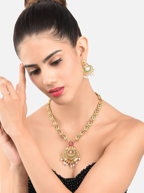Zaveri Pearls Magenta & Green Gold-Plated Stone-Studded Beaded Jewellery Set