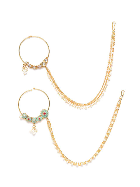 Zaveri Pearls Set of 2 Gold-Plated Kundan-Studded & Beaded Chained Nose Rings