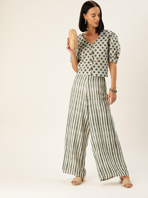 Varanga Women Off-White & Charcoal Grey Polka Dots Printed Top with Palazzos