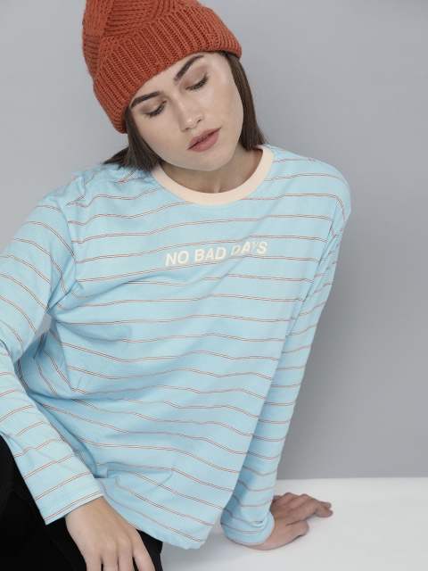 Kook N Keech Women Blue Peach-Coloured Striped Round Neck Drop Shoulder Pure Cotton T-shirt
