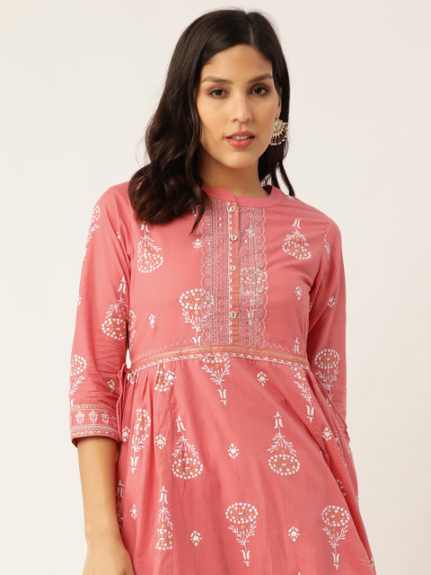 Sangria Women Pink & White Floral Khari Print Embroidered Anarkali Kurta with Palazzos