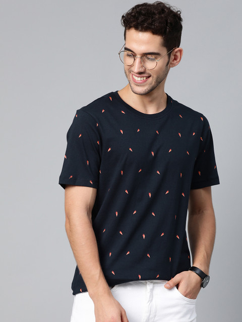 Mast & Harbour Men Navy Blue & Peach-Coloured Conversational Printed Cotton T-shirt