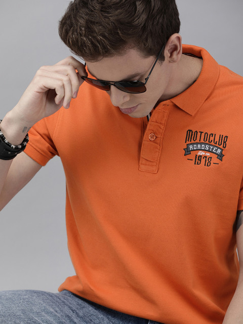 Roadster Men Orange Solid Polo Collar Pure Cotton T-shirt with Embroidery