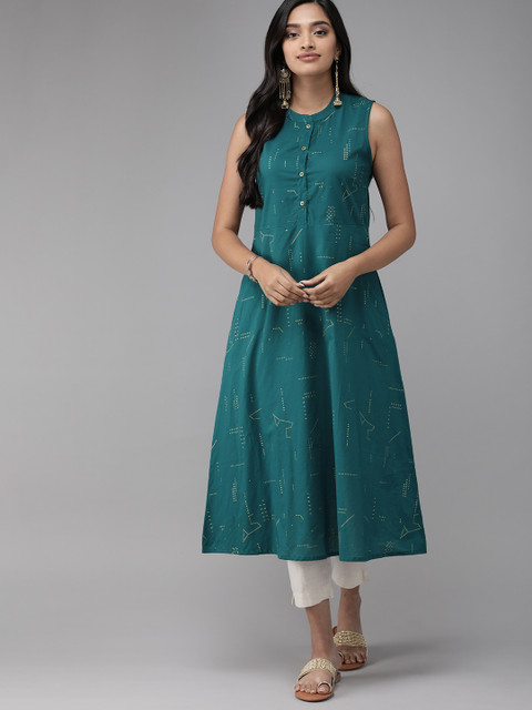 Anouk Teal Green Geometric Printed Pure Cotton Fit and Flare Dress