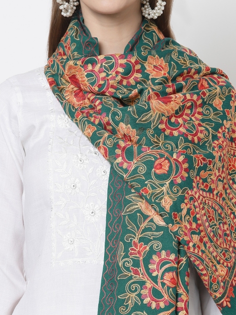 WEAVERS VILLA Women Teal Green & Red Embroidered Shawl - Image 2