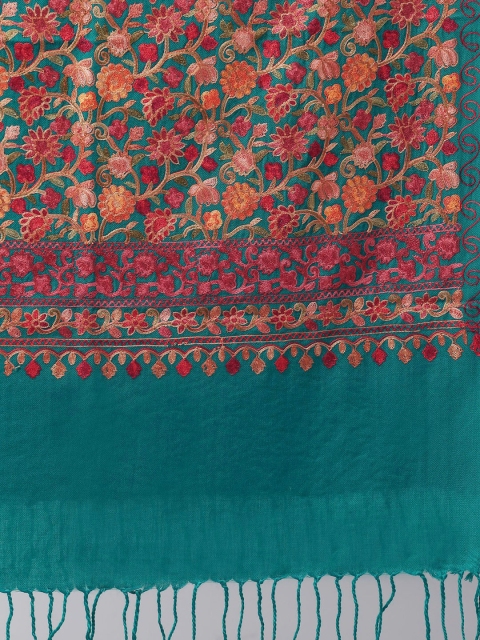 WEAVERS VILLA Women Teal Green & Orange Embroidered Shawl - Image 2