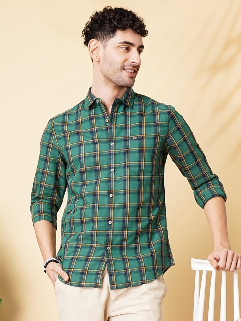 The Indian Garage Co Men Green & Yellow Slim Fit Checked Casual Shirt