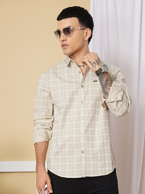 The Indian Garage Co Men Beige & White Slim Fit Checked Casual Shirt