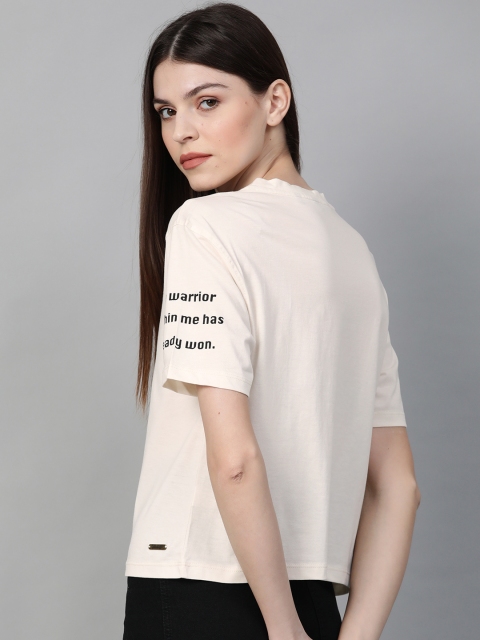 Roadster Women Off-White Printed Detail Round Neck T-shirt - Image 4