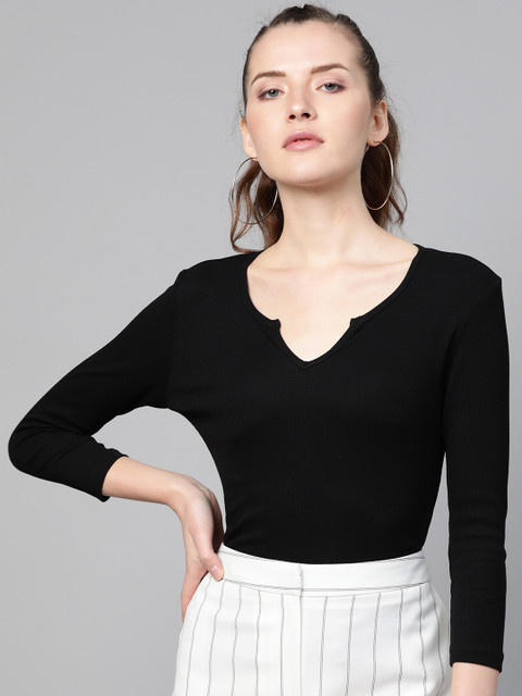 SASSAFRAS Women Black Ribbed T-shirt