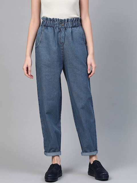 SASSAFRAS Women Blue Regular Fit High-Rise Clean Look Paper Bag Waist Jeans