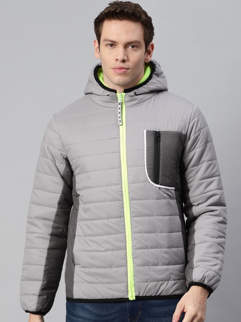 Campus Sutra Men Grey & Black Colourblocked Windcheater Padded Jacket
