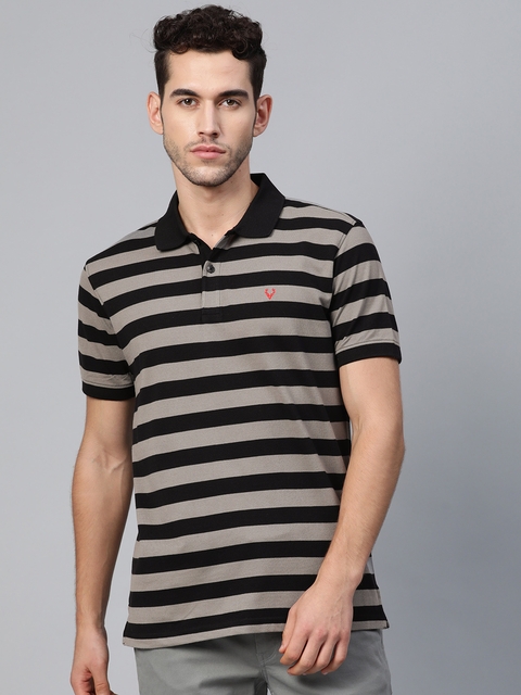 Allen Solly Men Black & Grey Striped Polo Collar T-shirt