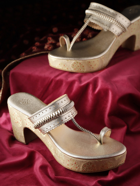 House of Pataudi Women Gold-Toned Braided Detail Handcrafted One-Toe Block Heels