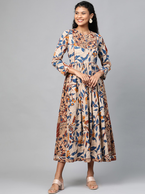 TJORI Women Beige & Blue Handloom Kalmkari Printed A-Line Dress