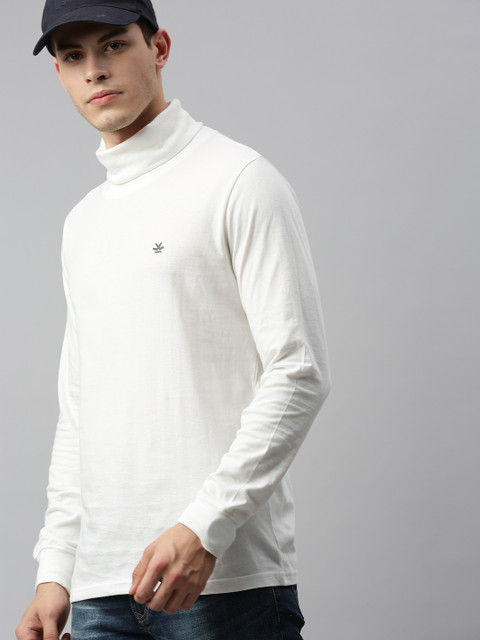 WROGN Men White Solid Slim Fit Turtle Neck Cotton T-shirt