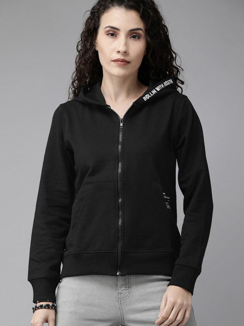 Roadster Women Black Solid Greenturn Hooded Sweatshirt