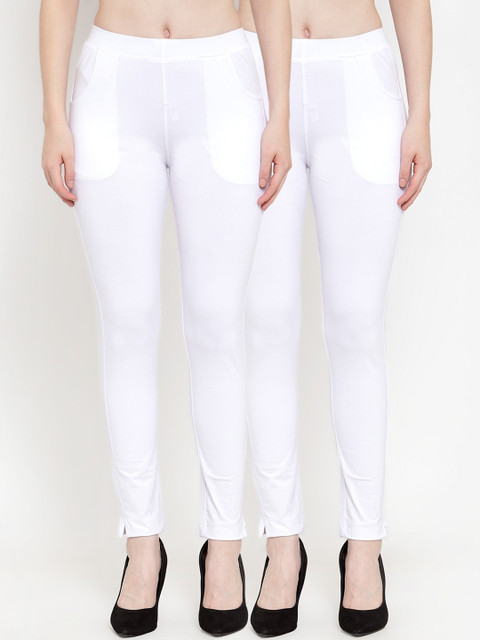 TAG 7 Women Pack of 2 White Solid Ankle-Length Leggings