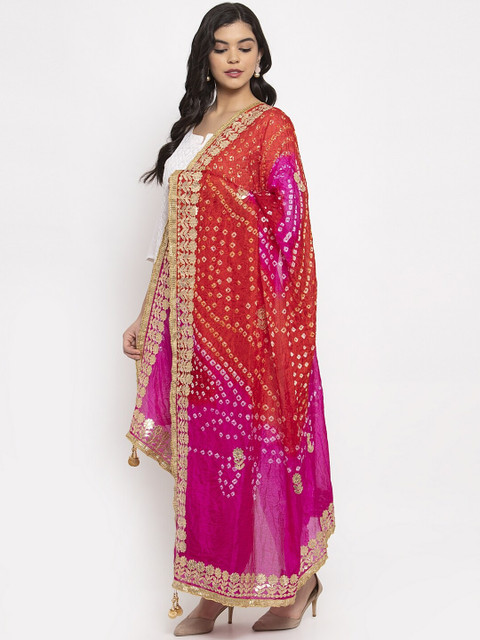 Clora Creation Pink & Red Dyed Bandhani Gotta Patti Silk Dupatta - Image 3