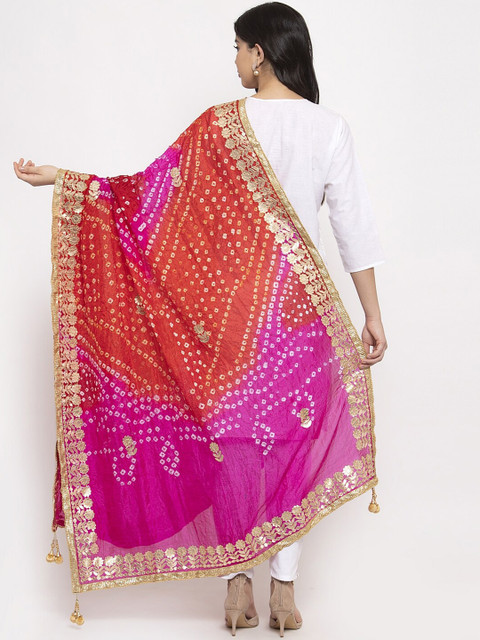 Clora Creation Pink & Red Dyed Bandhani Gotta Patti Silk Dupatta - Image 4