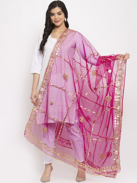 Clora Creation Pink & Gold Gotta Patti Net Dupatta