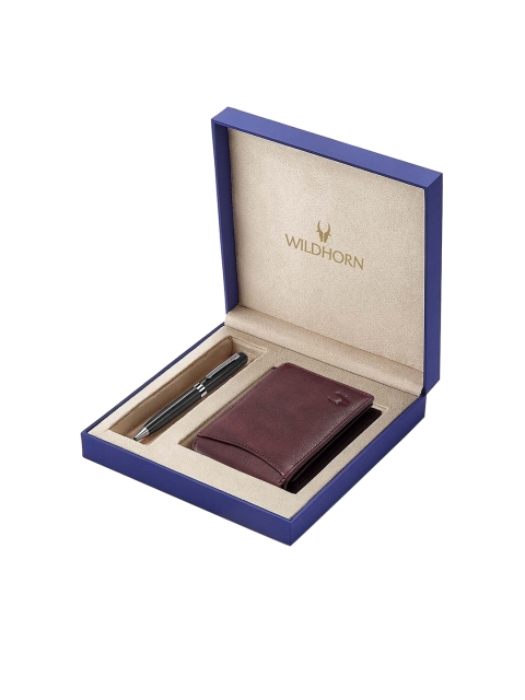 WildHorn Men Brown & Black RFID Protected Genuine Leather Wallet & Pen Accessory Gift Set