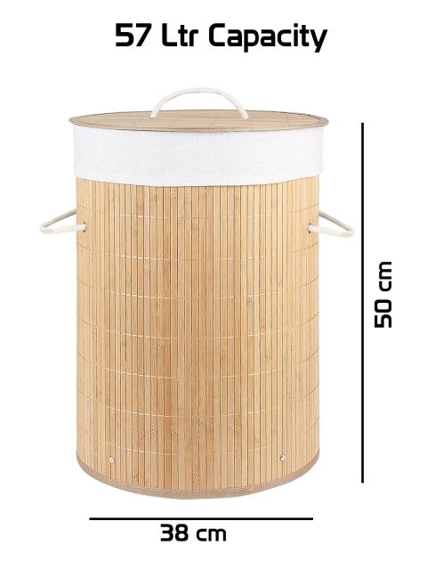HomeStorie Beige & White Eco-Friendly Foldable Bamboo Laundry Basket Hamper With Lid - Image 4