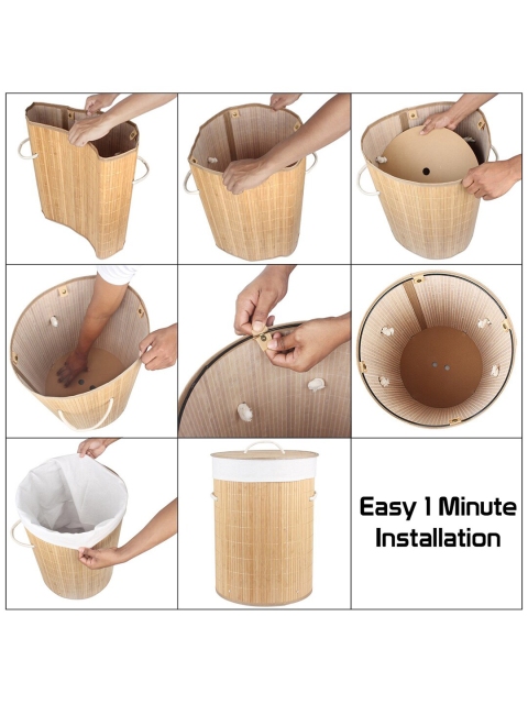 HomeStorie Beige & White Eco-Friendly Foldable Bamboo Laundry Basket Hamper With Lid - Image 6